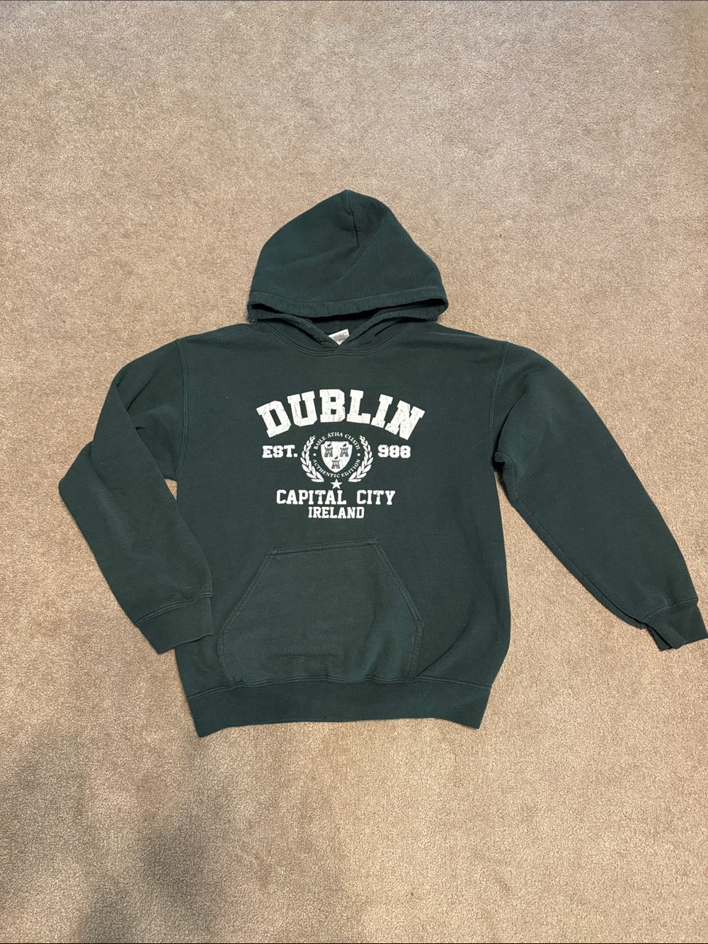 Gildan Dark Green Dublin Hooded Sweatshirt with White Print
